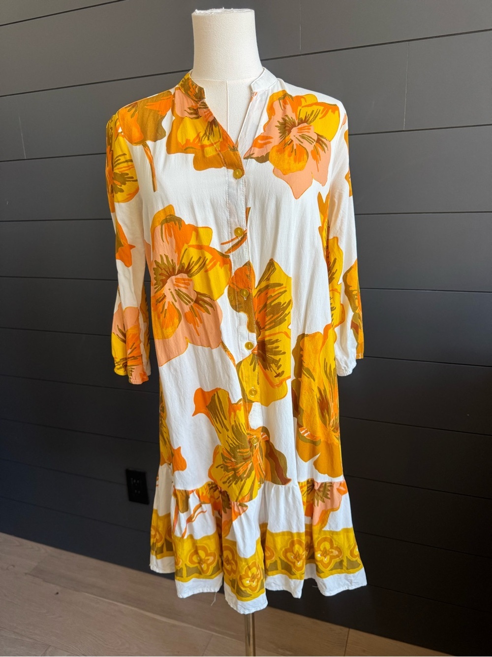 Mlle Gabrielie White Floral Button-Front Midi Dress in Yellow Peach Resortwear